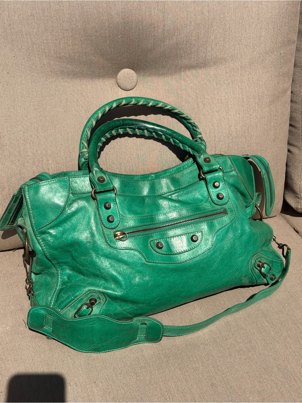 Green Leather city bag size large (with strap no mirror )